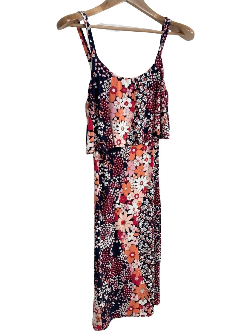 Michael Kors Floral Ruffle Midi Dress Sleeveless Stretch Navy Pink Womens Small
